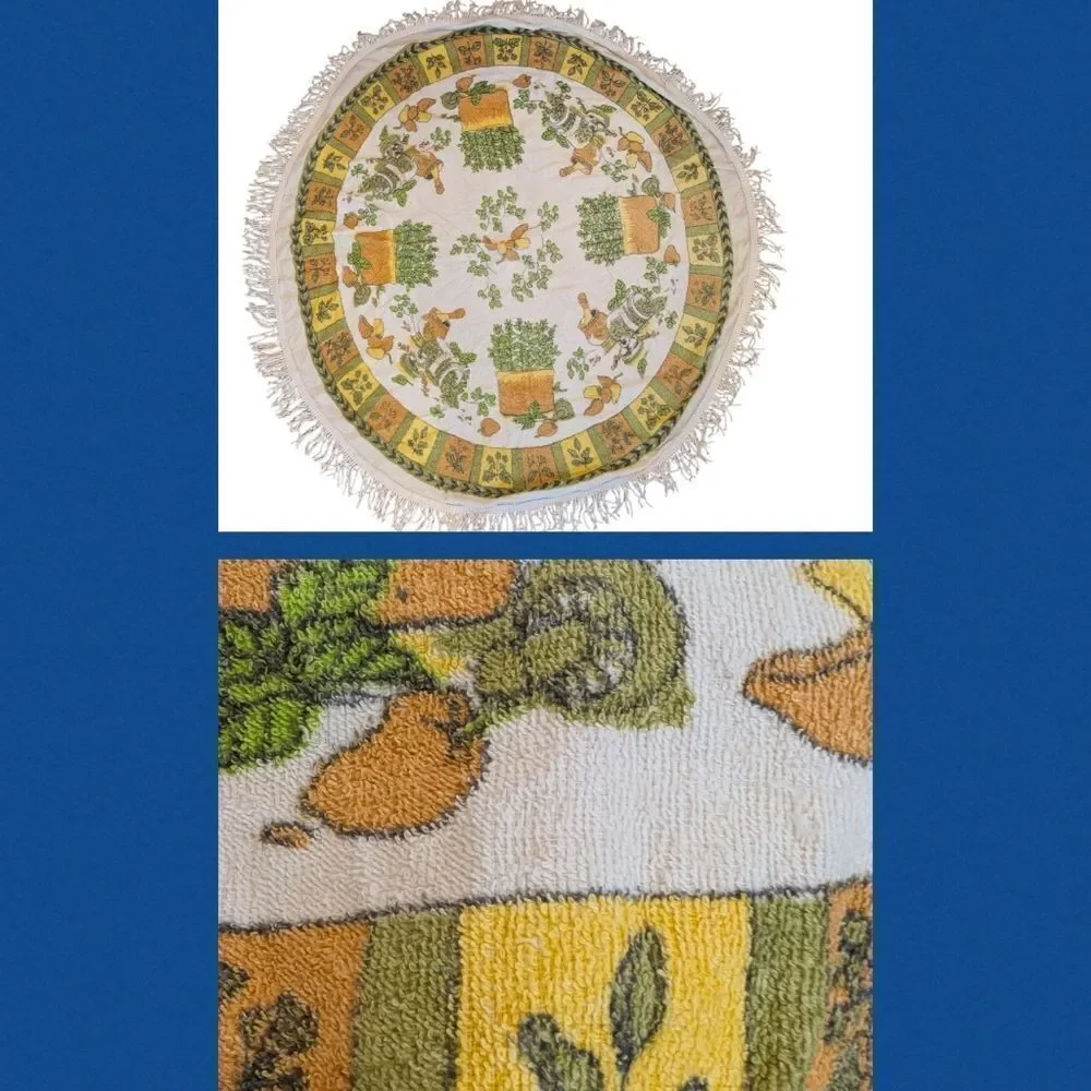 vintage 70s Terry cloth round‎ tablecloth herbs mushroom tablecloth boho